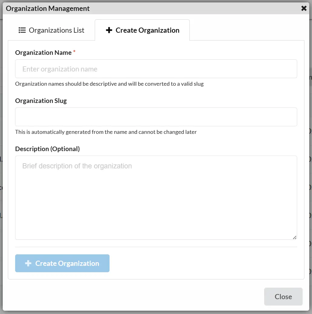 Creating Organizations Interface